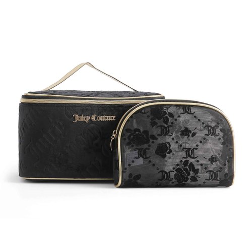 Juicy Couture Black Makeup Bag Cosmetics Organizer Travel Essentials Train Case Coin Purse Flocked Mesh Two Piece Set