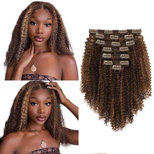 Yuniffe Curly Clip in Hair Extensions Real Human Hair Kinky Curly Clip ins Black Women #P4/27 Drak Brown Highlight Blonde Remy Human Hair Extensions Double Weft 7Pcs 120g 20 Inch