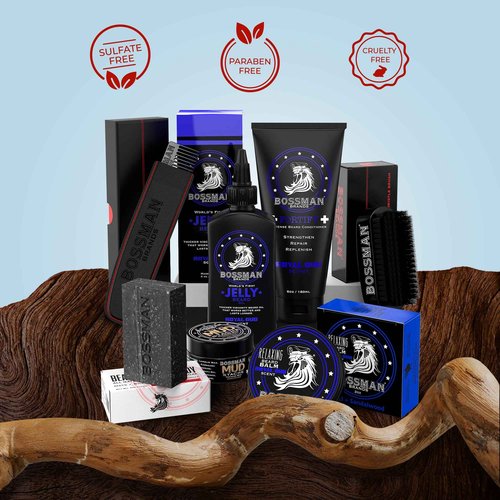 Bossman Big Boss Beard Care Kit for Men - 7 Piece Beard Grooming Kit with Jelly Beard Oil, Beard Conditioner, Beard Balm, MUDstache Wax, Bar Soap, Metal Comb, Brush - Gift Set for Men (Royal Oud)