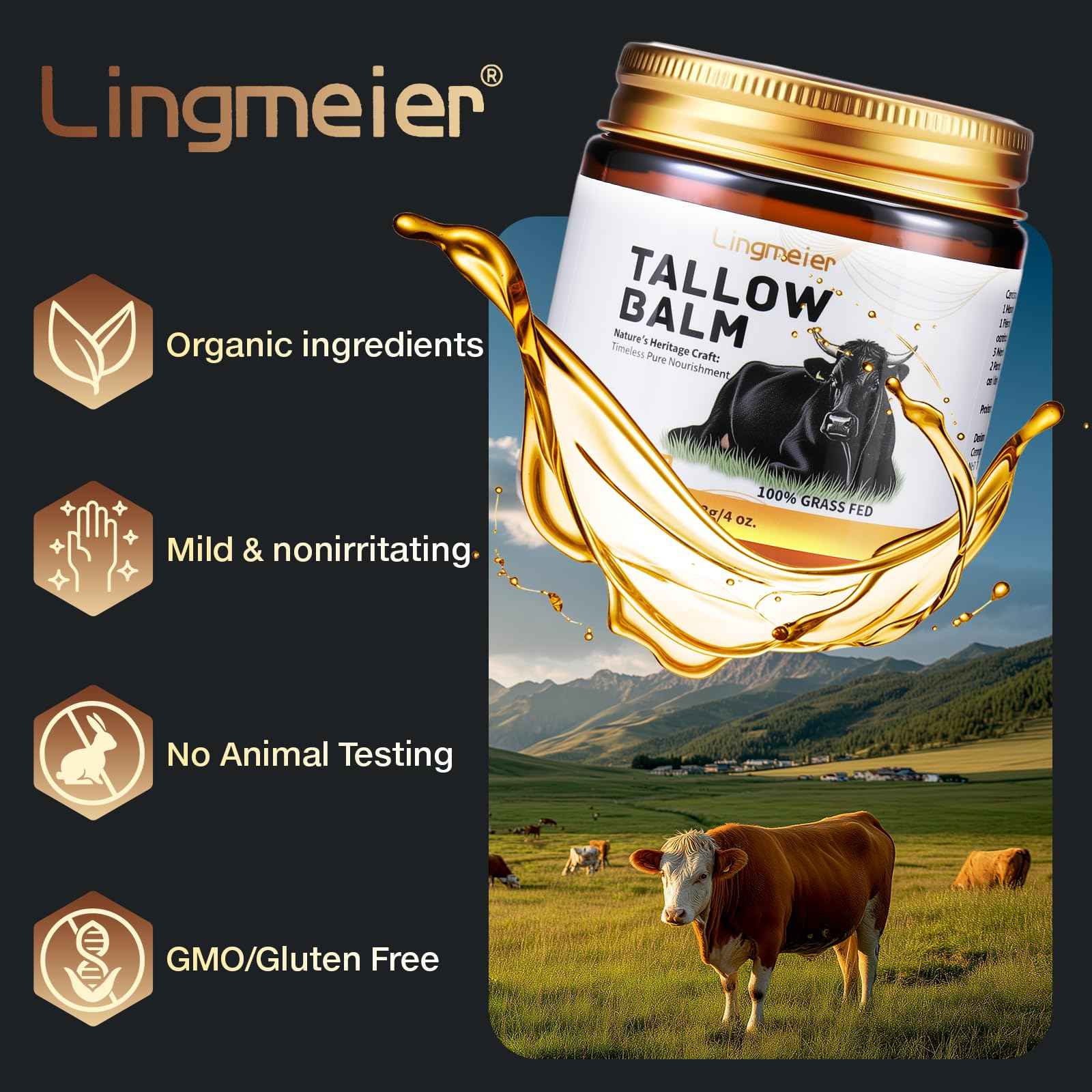 Lingmeier Beef Tallow for Skin, Tallow and Honey Balm, Organic Grass-Fed Beef Tallow for Skin with Raw Honey & Jojoba Oil, Whipped Moisturizer for Face & Body, Dry Skin Care, Non-Greasy