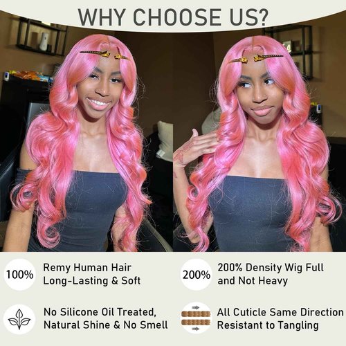 Msviki School Day Candy Pink Human Hair Wig Colored Body Wave Lace Front Wig Virgin Hair 13x4 UHD Transparent Swiss Soft Lace Preplucked Brazilian Hair 18"