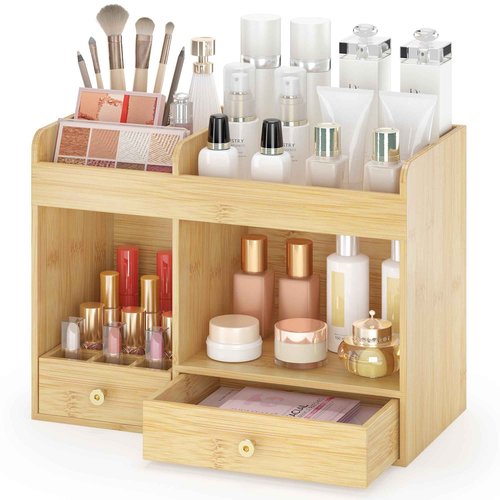 Wisuce Essentials Large Makeup Organizer with Drawers, Bamboo Countertop Cosmetic Storage for Dresser Vanity Organizer Beauty Desk Skincare Holders Container Make Up Organizing for Lipstick
