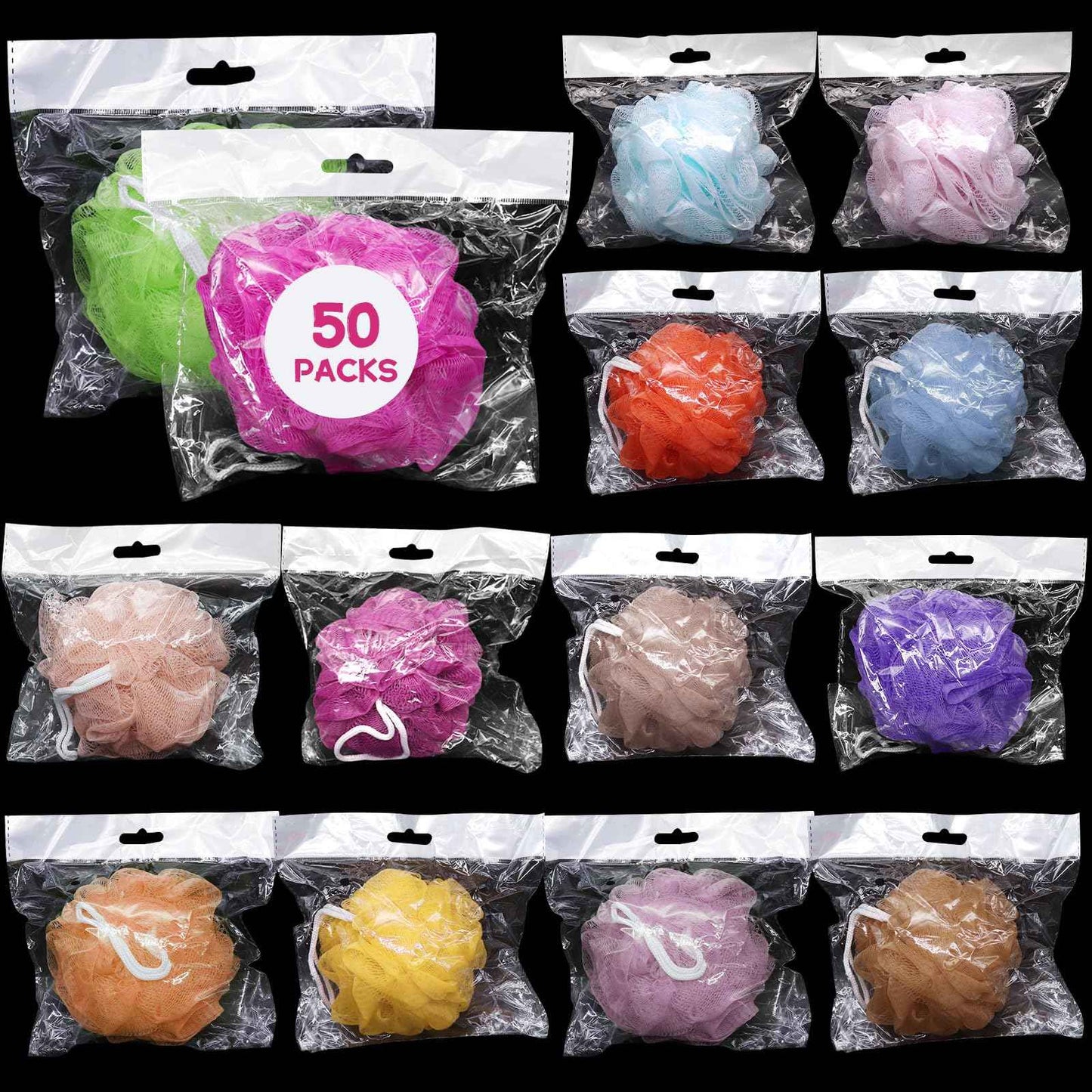(50 Pack) Kheoxusa Loofah Individually Wrapped,Individually Wrapped Loofah,Travel Size Shower Bath Scrunchies,Sponges Pouf Mesh for Body Bath Shower Travel Guest Bulk Mini Small Pack (Color Random)