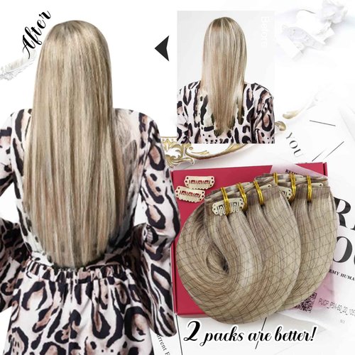 Moresoo Seamless Clip in Hair Extensions Human Hair Blonde Highlight with Light Brown Tape in Hair Extensions Human Hair Blonde (7pcs/120g +20pcs/50g) 16inch Bundle