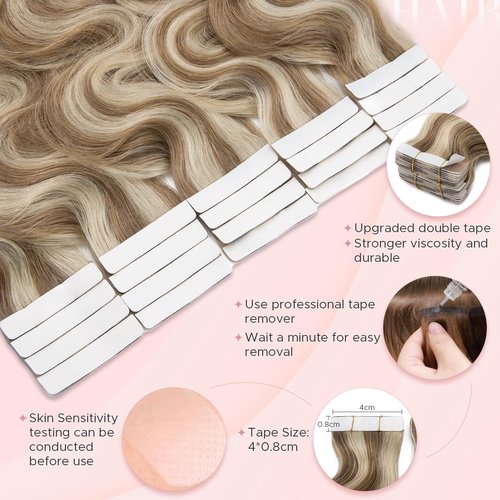 SEGOHAIR Wavy Tape In Hair Extensions Real Human Hair with Double-Sided Adhesive Professional Hair Extensions for Women 20pcs Body Wave 22 Inches Medium Brown Mixed Bleach Blond