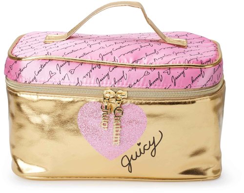 Juicy Couture Gold Pink Makeup Bag Cosmetics Organizer Travel Essentials Train Case Shiny Heart