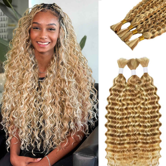 Human Braiding Hair 22 Inch 2 Bundles100g Braiding Hair No Weft Water Wave Bulk Human Hair for Braiding Honey Blonde to Bleached Blonde Highlight Hair Extensions for Boho Braids Wet and Wavy