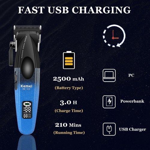 KEMEI 1670 Professional Hair Clippers for Men, Cordless Barber Clipper with LED Display, 9000 RPM Clippers for Hair Cutting with Charging Base