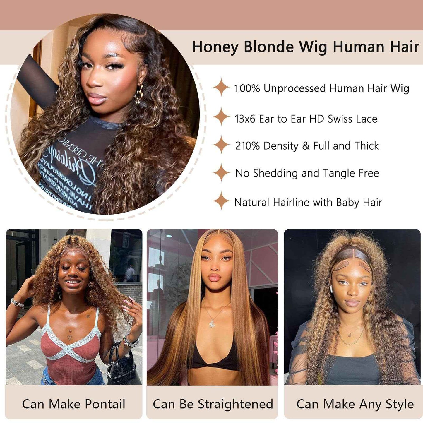 26 Inch Highlight Ombre Deep Wave Lace Front Wigs Human Hair Wig 13x6 Honey Blonde Wig Human Hair HD Glueless Deep Wave Wig 4/27 Colored Wet and Wavy Curly Wig Pre Plucked for Women