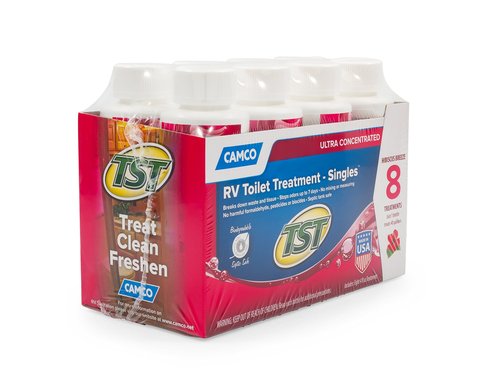 Camco TST MAX RV Toilet Treatment - Formaldehyde Free - Breaks Down Waste And Tissue - Septic Tank Safe - Treats up to 8-40 Gallon Holding Tanks -Hibiscus Breeze Scent, (8) 4 oz Bottles (41601)