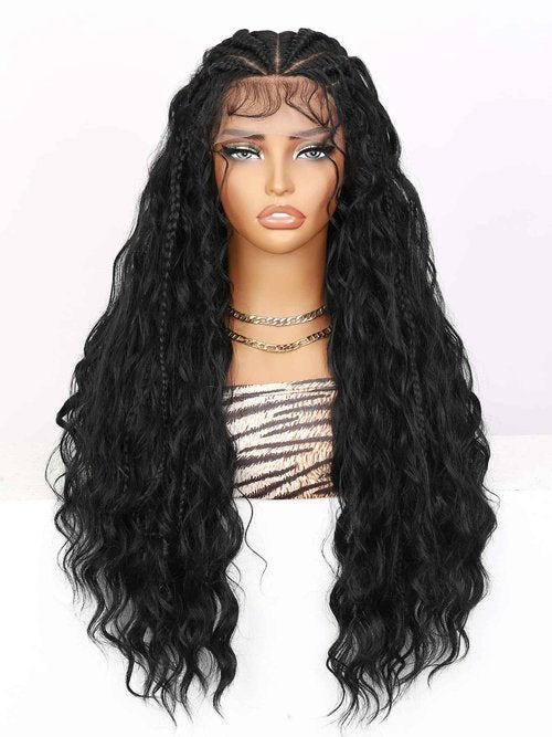 Fancy Hair Cornrow with Curly Hair Wig 26 Inch HD Lace Front Braided Wig with Baby Hair Face Framing Tendrils Pre Plucked Glueless Transparent 13x4 Inch Lace Frontal for Black Women Natural Hairstyle