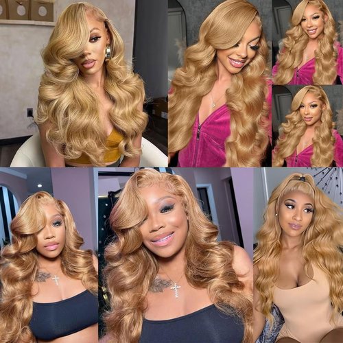 22 Inch Honey Blonde Wig Human Hair Body Wave 13x6 HD Lace Front Wig Human Hairs 27# Colored Pre Plucked Honey Blonde Body Wave Lace Front Wigs Human Hair 180% Density Glueless Wigs for Women