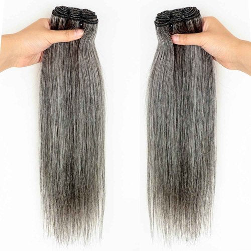 Salt and Pepper Human Hair Bundles Straight 10 12 14 inch Natural Grey Bundles Human Hair Gray-White Quick Weave Hair Extensions Double Weft