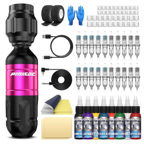 Padieoe Tattoo Gun Kit Tattoo Machine Kit Rotary Tattoo Kit Cordless Tattoo Practice Pen Tattoo Supplies for Beginners with 20Pcs Tattoo Cartridge Needle WTK097