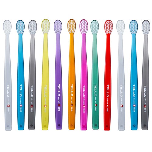 TELLO 6240 Adult Ultra Soft Toothbrush for Gentle Cleaning with Ergonomic Handle, Made in Switzerland, Colors Vary, 12-Pack