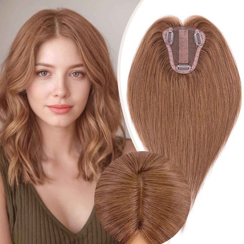 Rich Choices Hair Toppers for Women Real Human Hair 150% Density Clip in Silk Base No Bangs 100% Human Remy Toppper Realistic Scalp Pieces for Women with Thinning Crown 10 Inch #4 Medium Brown