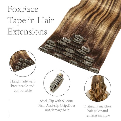 FoxFace Clip in Hair Extensions Real Human Hair, Thick Extensions from Root to Tip, Natural Hair Clip Ins, Balayage Chocolate Brown to Caramel Blonde,24 Inch 120g 7Pcs