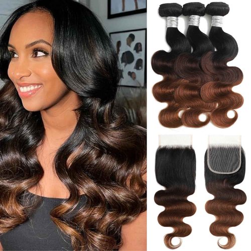 ANMETAN Ombre T1B/2/30 Body Wave Human Hair 3 Bundles with 4x4 Closure, 12A Chestnut Brown Bundles and HD Lace Closure Free Part (10/12/14+10 In) Real Remy Hair Wavy Thick 3 Tone Weave With Dark Roots