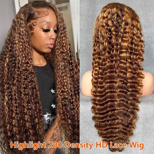 UFHUFH 30 inch Honey Blonde Wig Human Hair 13x4 Highlight Ombre Lace Front Wig Human Hair 200 Density HD Lace 4/27 Deep Wave Frontal Wigs for Women