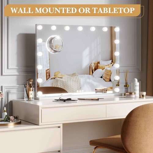 GAOMON Vanity Mirror with Lights, Lighted Mirror with 17 Dimmable LED Bulbs, Makeup Mirror with 3X Magnification, 3 Colors Modes,Touch Control, Metal Frame,White