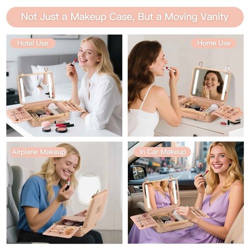BEAUTY CASE Makeup Case with 4K LED Mirror, 12 Inch Shockproof ABS Hard Shell Cosmetic Organizer Bag, Portable Travel Vanity Box with Aluminum Frame, Snap Buckle, Gift for Women Girls, Pink