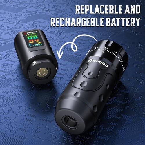 KOOBA TATTOO GUN KIT WITH WIRELESS TATTOO MACHINE/PEN 1800MAH BATTERY NORMAL/STIPPLING MODE RCA CONVERT ADAPTER 3 SPEED MEMORY FUNCTION 7 STROKES LENGTH 20 CARTRIDGES NEEDLES FOR ARTISTS & BEGINNERS