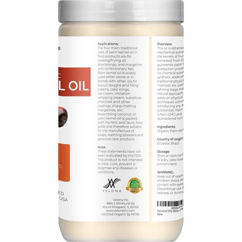 velona USDA Certified Organic Palm Kernel Oil - 64 Fl Oz | 100% Pure and Natural Carrier Oil | Refined, Cold Pressed | Face, Hair, Body & Skin Care | Use Today - Enjoy Results