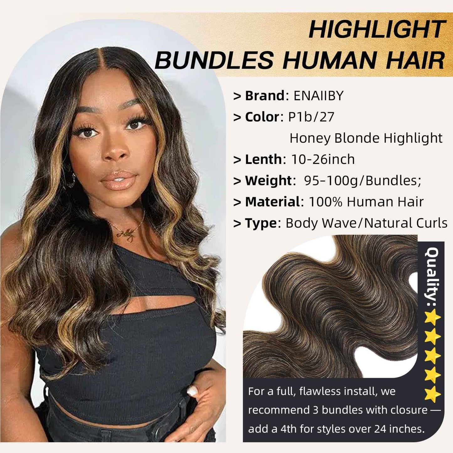 Honey Blonde Bundles with Closure Highlights Body Wave, 3 Highlighted Bundles with 4x4 Closure Human Hair, Ombre Balayage Piano Color Sew In Weaves 12A Brazilian Virgin Remy Hair 10 12 14+10 Inch