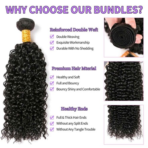 Curly Bundles Human Hair Kinky Curly Human Hair Bundles 100% Unprocessed Brazilian Virgin Hair Quick Weave Bundles Extensions for Women Natural Black 14 16 18 Inch