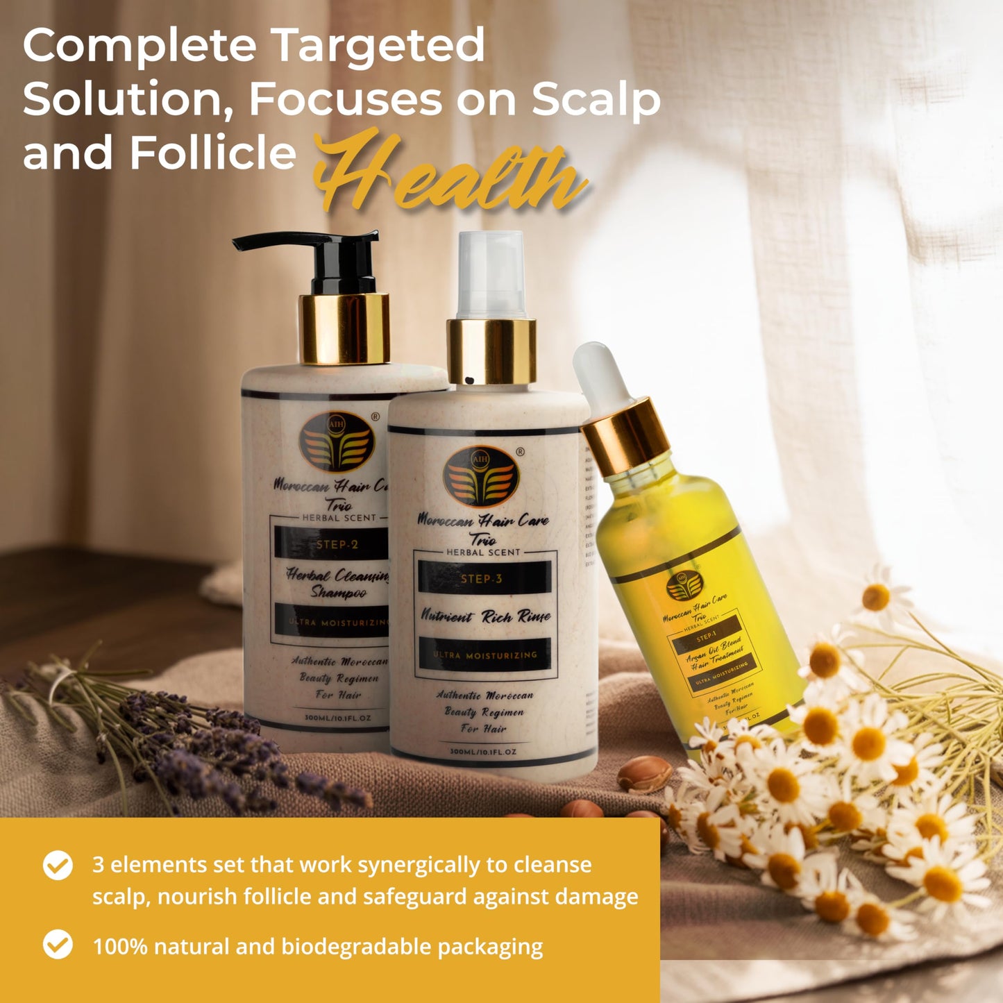 Moroccan Oil Hair Care Trio – Premium 3-Step Argan Oil Hair Treatment Kit for Scalp & Follicle Health – Herbal Shampoo, Leave-In Rinse & 30+ Botanicals – Sulfate-Free, Dermatologist Approved