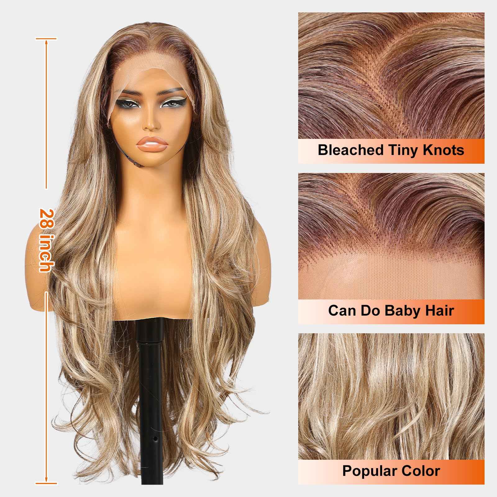 KOME Ash Blonde Synthetic Lace Front Wig,13×6 Blonde mix Brown HD Lace Glueless Wig for Women Daily Use 28IN（TT6/107）