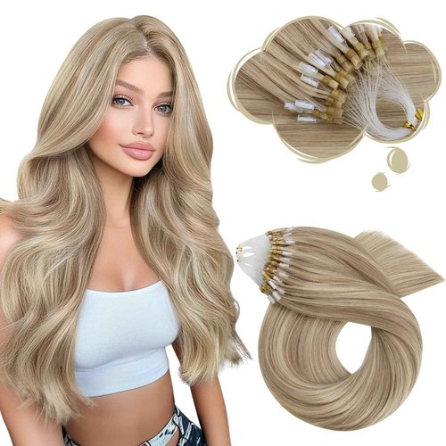 Moresoo Microlink Hair Extensions Human Hair 24 Inch Micro Loop Human Hair Extensions Dark Ash Blonde Highlight Light Blonde 50G/50S 24 Inch