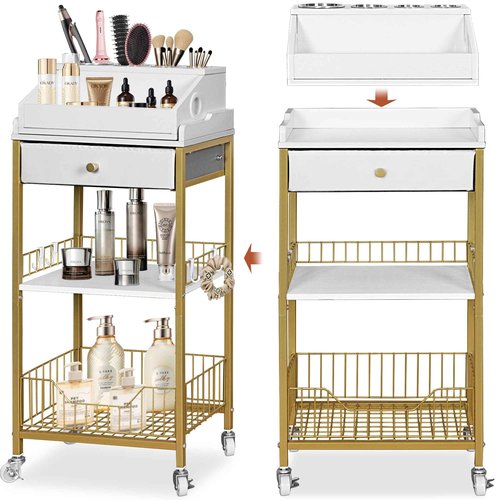 NauwaBarn Makeup Organizer Cart with Drawer, 2-in-1 Rolling Organizer Cart with Hair Tool Holder, Vanity Storage for Skincare, Perfume, Nail Polish, Cosmetics, Gold Finish