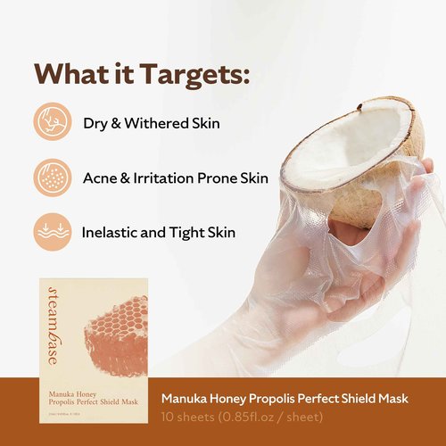 STEAMBASE Manuka Honey Propolis Perfect Shield Mask | Face Sheet Mask | Hydrating, Anti-Aging, Cooling, Elasticity, Fine Lines Repair | Facial for Dry and Sensitive Skin | Korean Skin Care | 10 Sheets