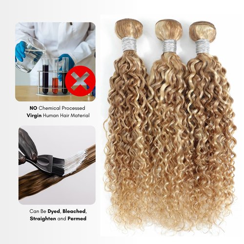 AUROO 27/613 Ombre Blonde Single Bundle Human Hair Water Wave 22 Inch, 13A Grade Highlighted Multi-Blonde Human Hair Wet n Wavy Curly Bundle 100% Raw Brazilian Silky Colored Hair Weaves Extension