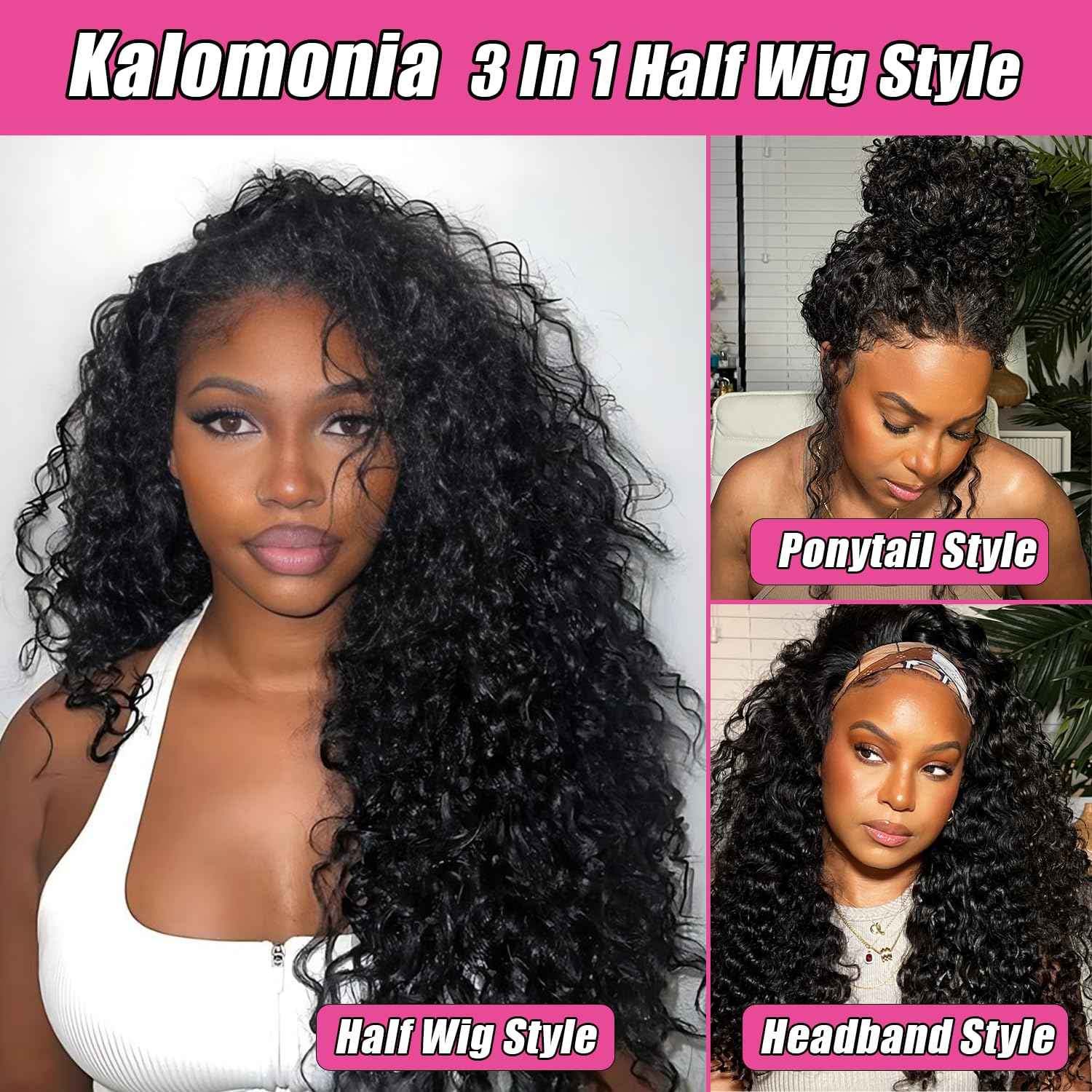 Half Wig Human Hair Deep Wave 200% Density Curly Half Wig Drawstring Seamless Flip Over 3 In 1 Half Wigs for Black Women Wear and Go Glueless Headband Wig Human Hair Beginner Friendly 16 Inch
