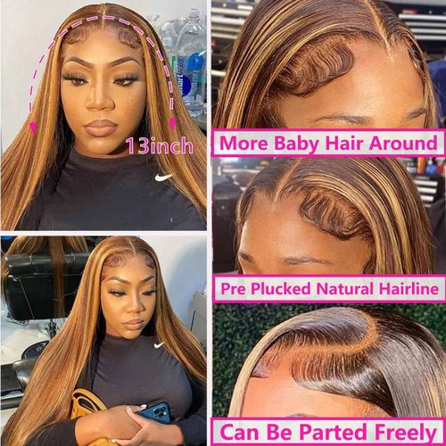 Cypha Ombre Lace Front Wig Human Hair Highlight 13x6 HD Straight Lace Front Wigs 180% Density 4/27 Colored Honey Blonde HD Lace Frontal Wigs For Women Glueless Pre Plucked with Baby Hair 30inch
