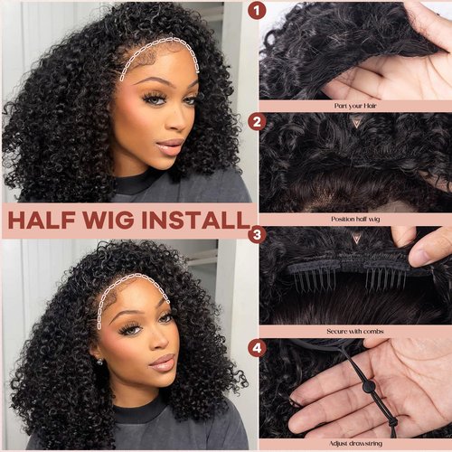 Kinky Curly Wig 200 Density 3 In 1 Seamless Flip Over Half Wigs Synthetic Hair Glueless Wear and Go Beginner Friendly Kinky Curly Wig Drawstring Headband Wig for Women 16 Inch