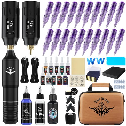 Black Tattoo Gun Machine Kit - Cordless Tattoo Gun Kits, Rotary Tattoo Pen Set with 2 Batteries, Tattoo Supplies Set with 20Pcs Needles for Beginners Artists (Black-82Pcs)