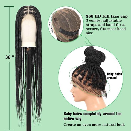 Youthfee 360° HD Full Lace Knotless Braided Wigs for Women Box Braided Wigs with Baby Hair Premium Synthetic Natural Looking Braid Lace Front Wigs Black 36 Inch