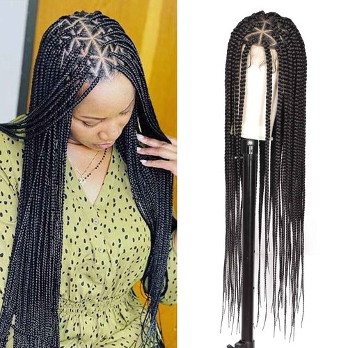 Lexqui 36'' Knotless Box Braided Wigs for Women Braided Lace Wigs Full Lace Braided wig Premium Synthetic Triangle Lace Front Braided Wigs with Baby Hair Braid Lace Front Wig Natural Black