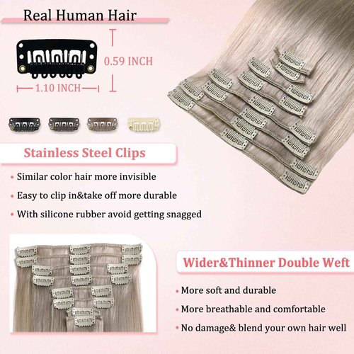 Clip in Hair Extensions Real Human Hair Clip in Extensions for Women Seamless Invisible Light Grey Natural Remy 100% Human Clips ins Extension 8pcs Double Weft 22 inch 4oz/110g