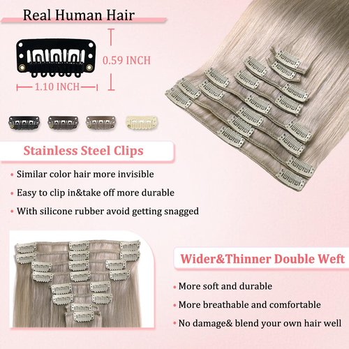 Clip in Hair Extensions Real Human Hair Clip in Extensions for Women Seamless Invisible Light Grey Natural Remy 100% Human Clips ins Extension 8pcs Double Weft 18 inch 3.5oz/100g