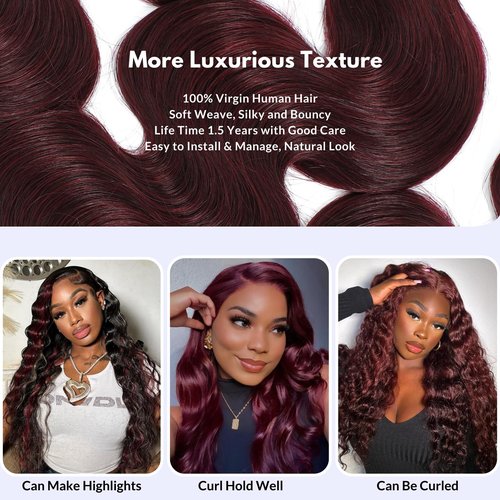 MOMOSHERO 99j Dark Burgundy Body Wave Bundles Human Hair 26 Inch, 12A Soft And Shiny Red Wine Colored Bundles 100% Brazilian Virgin Remy Hair Sew In Weave Single Human Hair Bundle Chic #99j Color