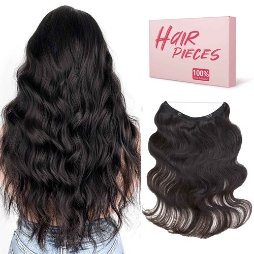 Benehair Halo Hair Extensions Real Human Hair, Halo Hair Extension 100% Human Hair, Wavy Halo Extensions Human Hair, Curly Human Hair Halo Extensions, Wire Hair Extension, Natural Black 60g/14inch