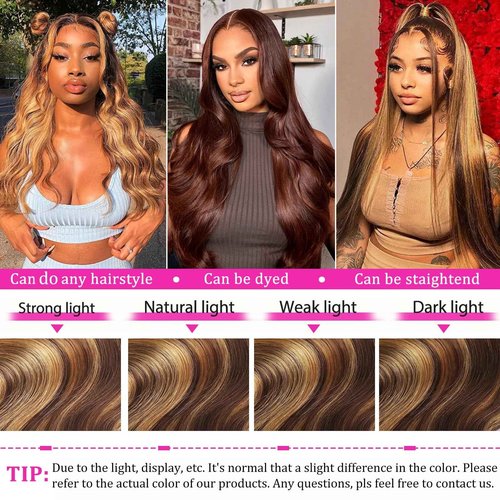 GAOYIFU Ombre Lace Front Wig Human Hair Highlight 13x6 HD Body Wave Lace Front Wigs Human Hair Pre Plucked Honey Blonde 180 Density 4/27 Frontal Glueless Highlighted Wig for Black Women 28 Inch
