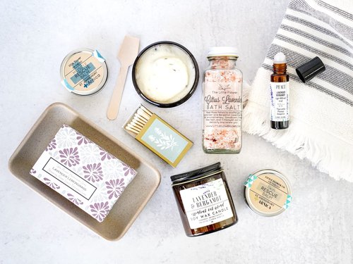 The Little Flower Soap Co - Spa Day gift Box Relaxation Kit - Handmade Candle Soap Salt Scrub and Lotion