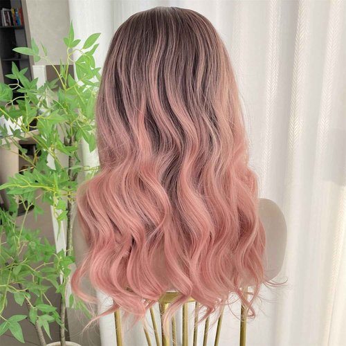 VASTCURY Rose Pink Wigs Highlight Orange Ombre Color 13x4 Synthetic Fiber Lace Front Wig Body Wave 18Inch Pre Plucked Hairline for Women