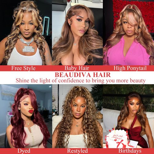 Honey Blonde Wig Human Hair Body Wave P4/27 Highlight Ombre Lace Front Wig Human hair 13X4 Lace Front Wigs Human Hair 180% Density HD Transparent Pre Plucked Body Wave Lace Front Wigs 20 Inch