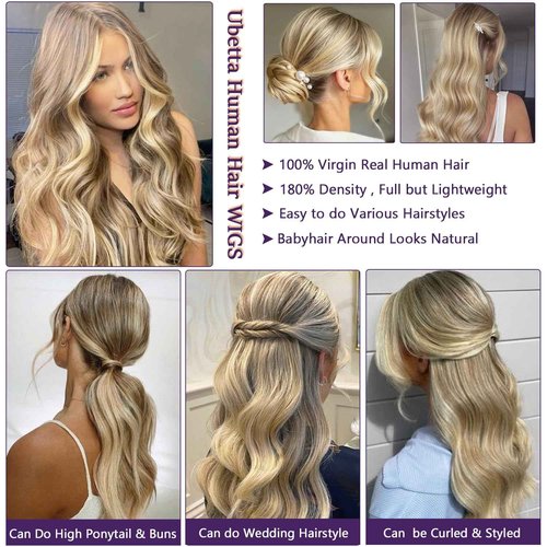 Ash Blonde Highlights Wig Ash Brown Rooted Balayage Ash Blonde Highlighted Lace Front Wigs Human Hair Pre Plucked 13x4 HD Lace Frontal Human Hair 16 Inch 180% Density Highlights Wigs for White Women